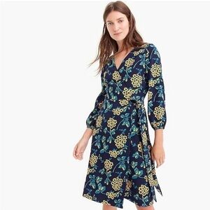 J CREW Navy Blue Golden Floral Wrap Dress Size 8 V-neck 3/4 Sleeve